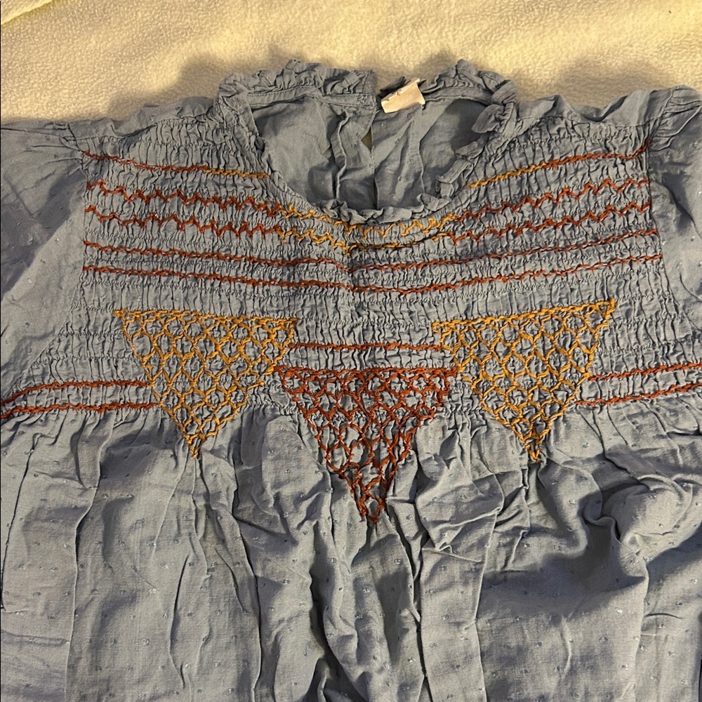 ivy jane Blue Smocked Peasant Blouse with Rust Embroidery - Picture 3 of 12